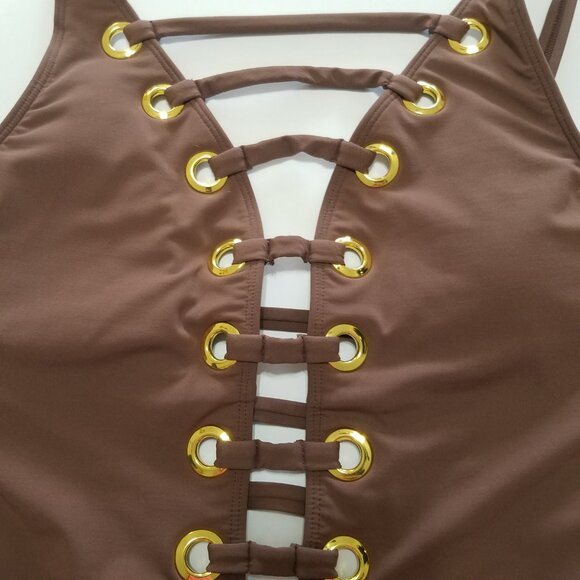 Bleu Rod Beattie Hole In One Plunge One Piece Swimsuit Brown/Gold Size 4 - Picture 6 of 10
